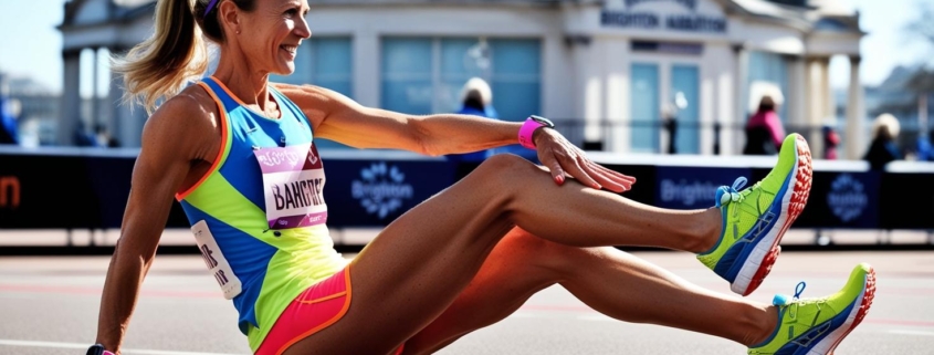 Brighton marathon runner stretching by the seafront to prevent running injuries
